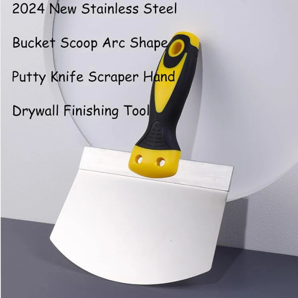 A yellow and black stainless steel putty knife scraper hand tool is shown against a white background.