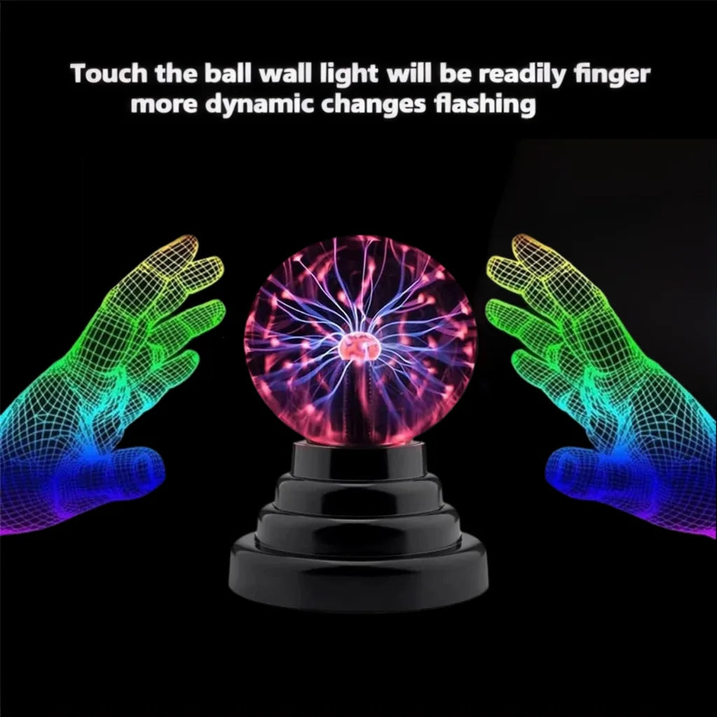 A hand is touching a glowing plasma ball light which produces dynamic colorful flashing effects.