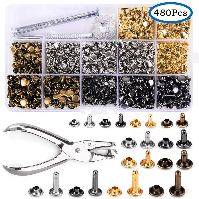 A clear plastic container holding various precision metal rivets and fasteners for repair work.
