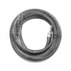 A coiled spring-loaded drain cleaning tool with a drill adapter.