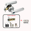 A silver smart digital lock mechanism with a handle and a keypad, shown alongside accessories and a gateway device.