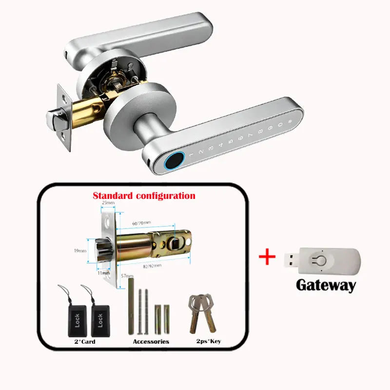 A silver smart digital lock mechanism with a handle and a keypad, shown alongside accessories and a gateway device.