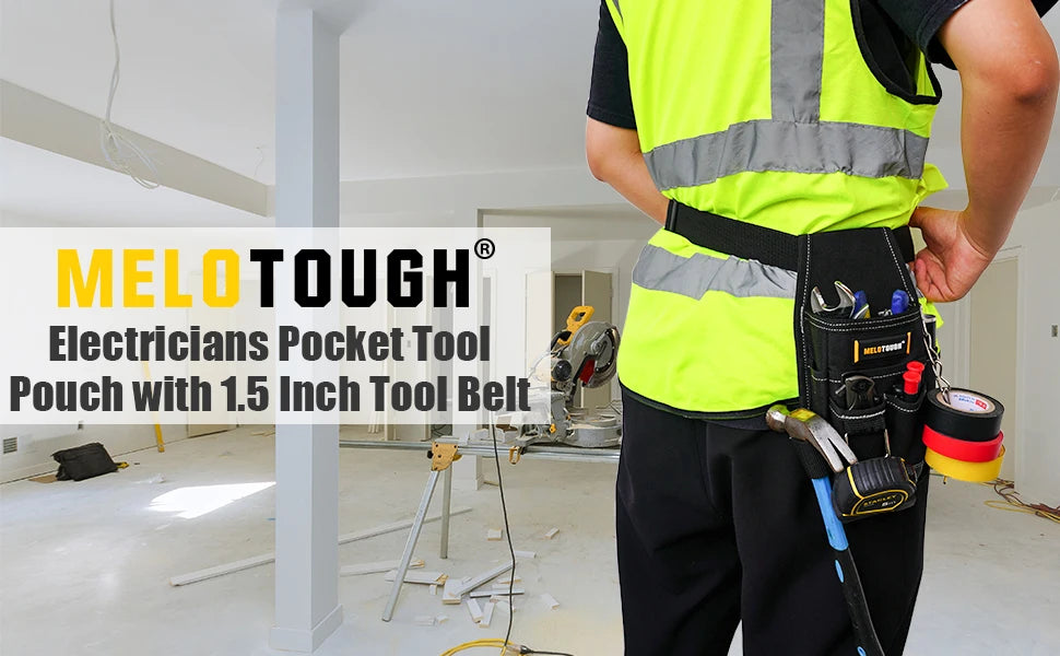 Person in neon yellow safety vest holding a MELOTOUGH electrician's pocket tool pouch with a 1.5-inch tool belt.