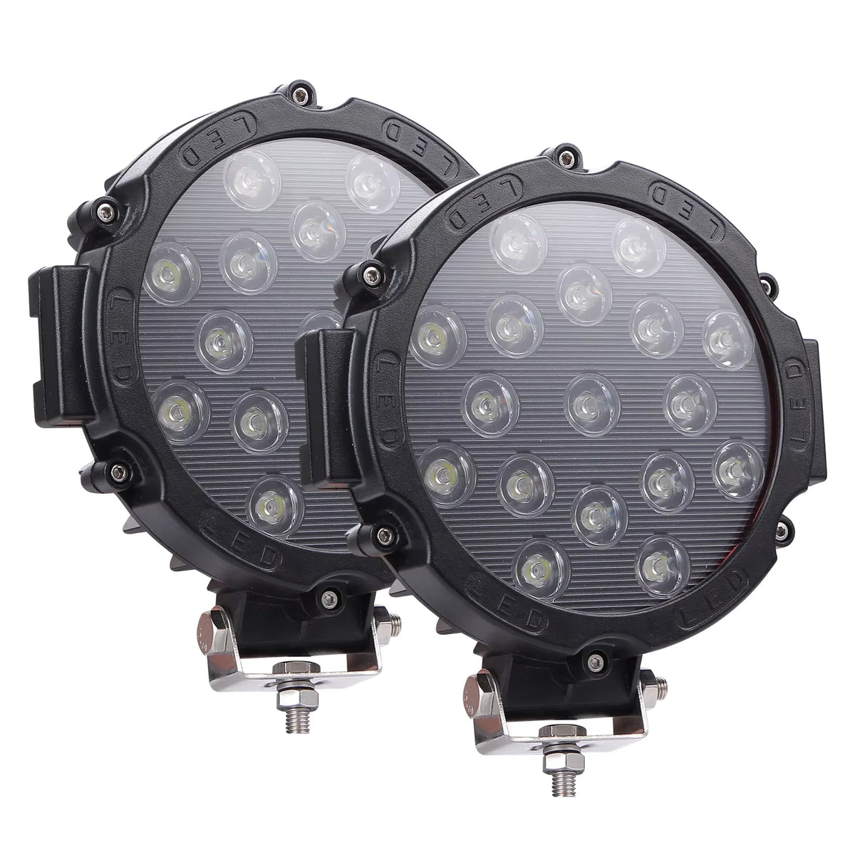 A pair of powerful LED off-road driving lights mounted on a black bracket.