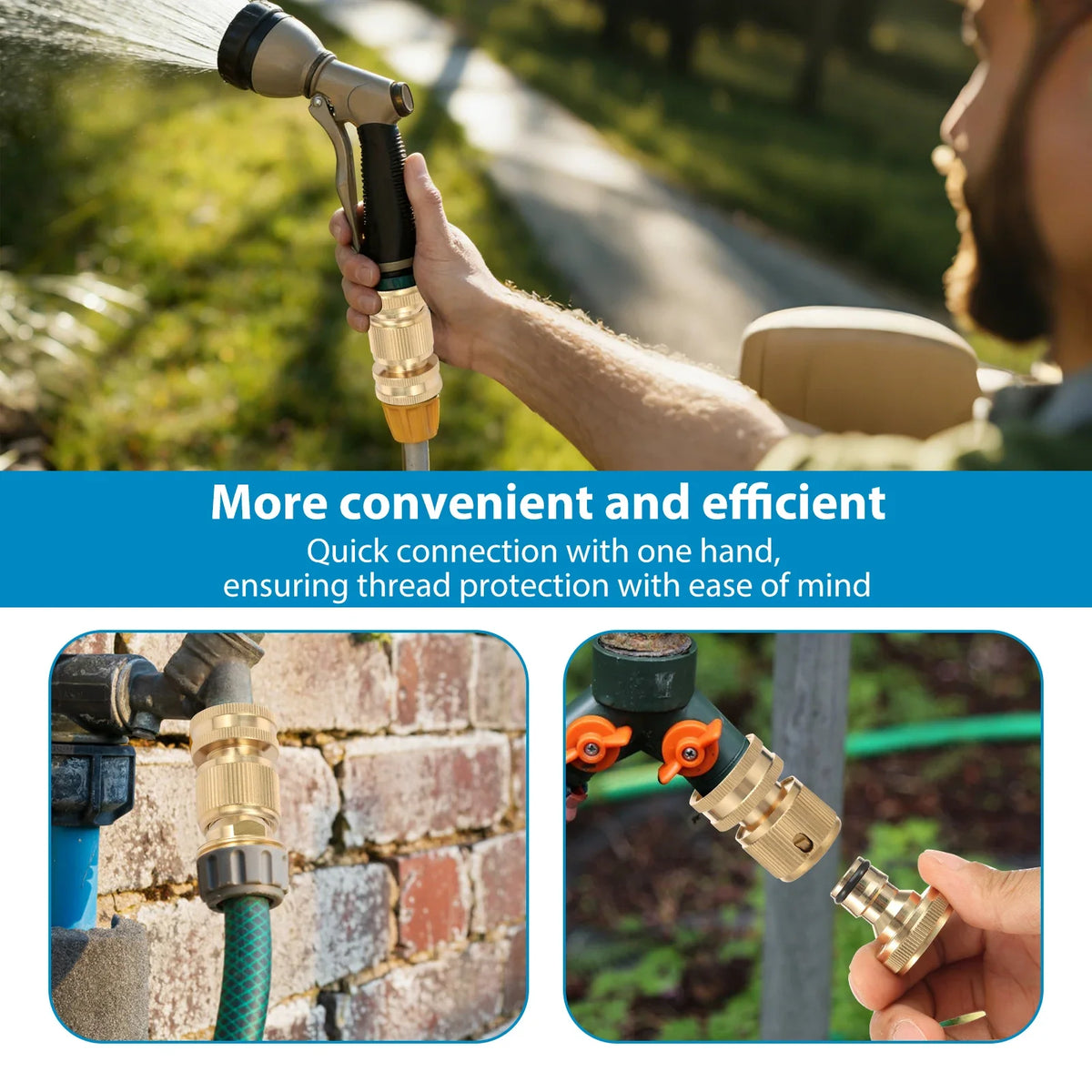A hand is connecting a brass garden hose quick connector to a pipe, demonstrating a convenient and efficient connection.