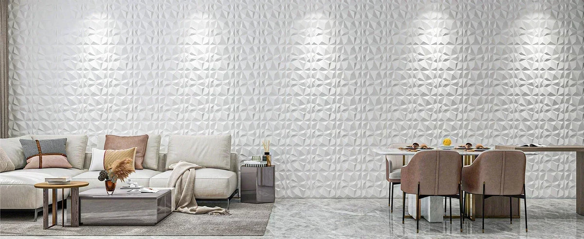 A modern interior featuring a white diamond pattern wall panel, a light sofa, and a wooden table.