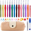 A set of ergonomic crochet hooks in various colors and sizes with marking clips displayed on a beige storage case.