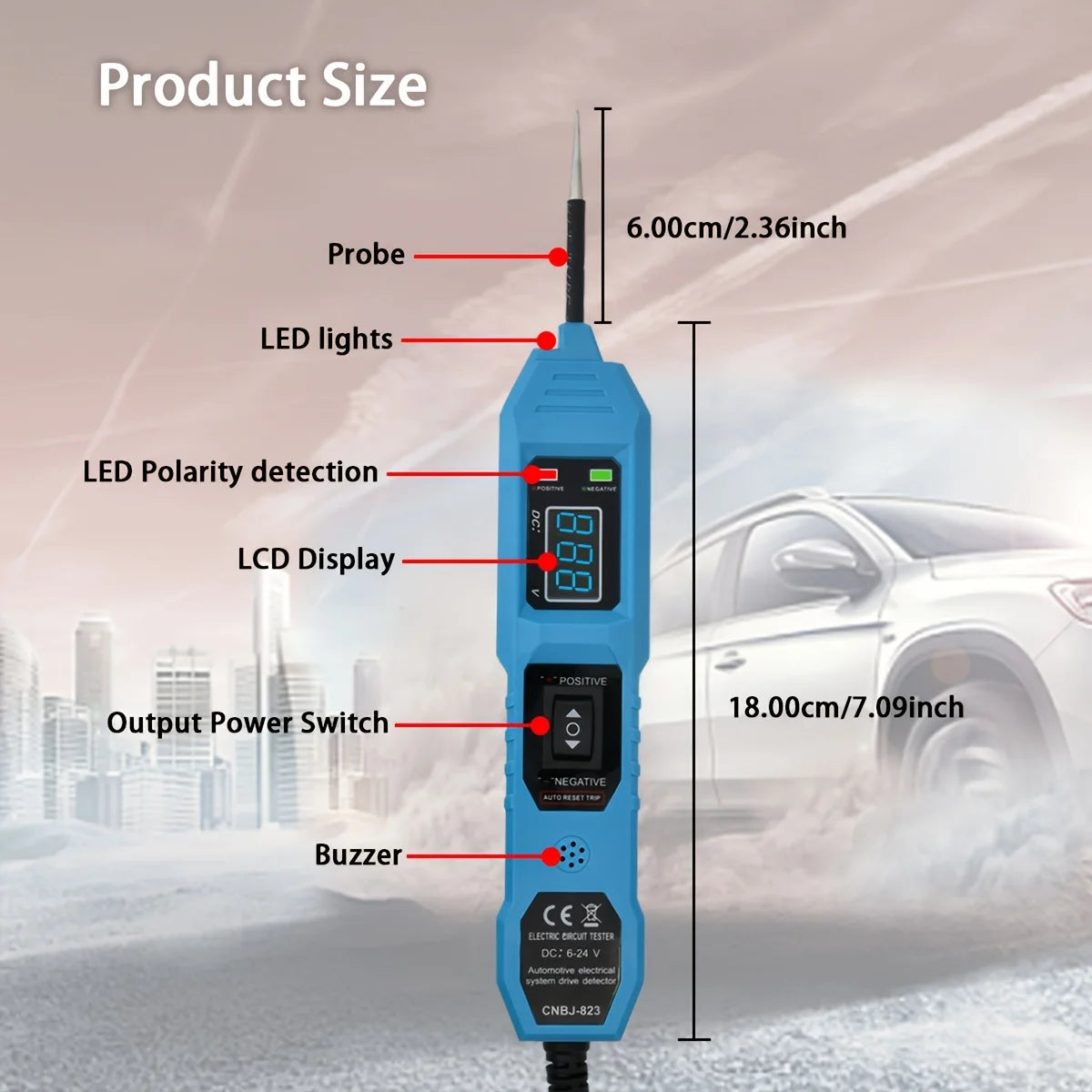 A blue digital multimeter probe with LED lights, LCD display, power switch, and buzzer is shown against a snowy outdoor backg