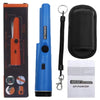 A blue handheld GP-Pointer device with a lanyard and a black protective case and manual.