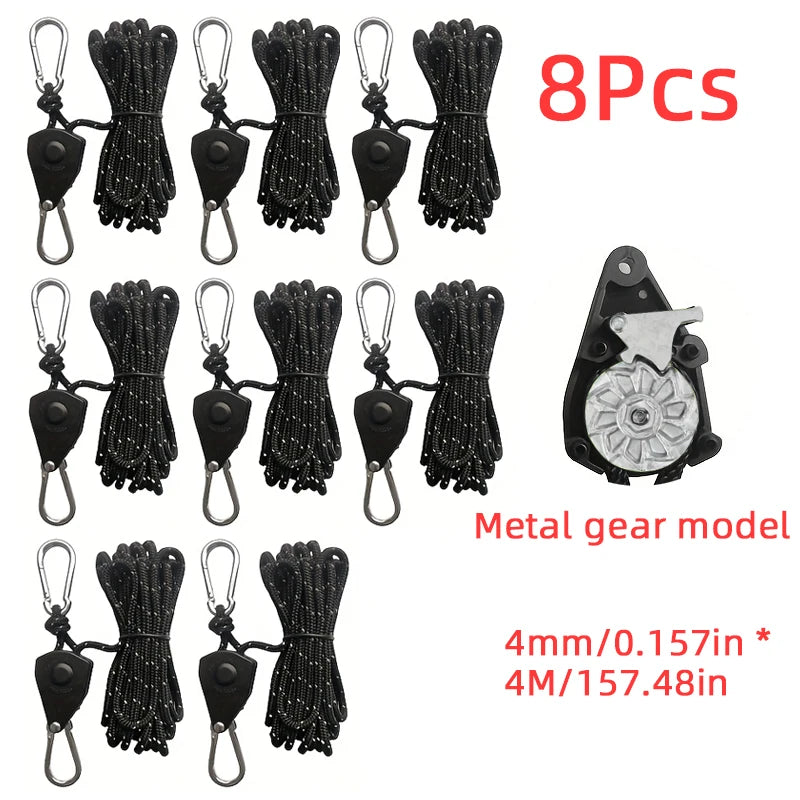 Eight pieces of black metal gear model tie down rope tightener with various sizes and hooks