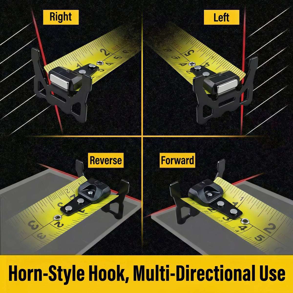 A horn-style hook multi-directional tool shown in right, left, reverse, and forward orientations against a tape measure backg
