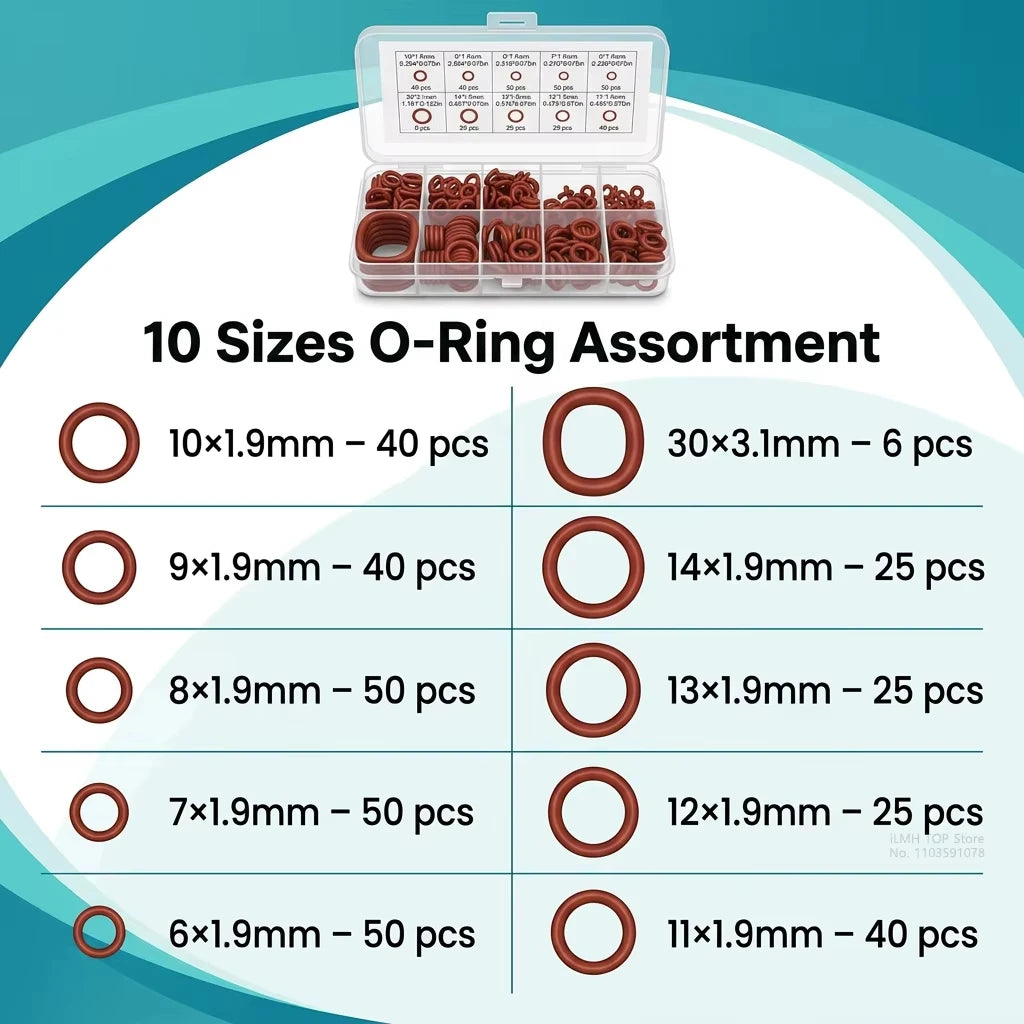 A collection of ten sizes of silicone O-rings packaged in a clear plastic box.
