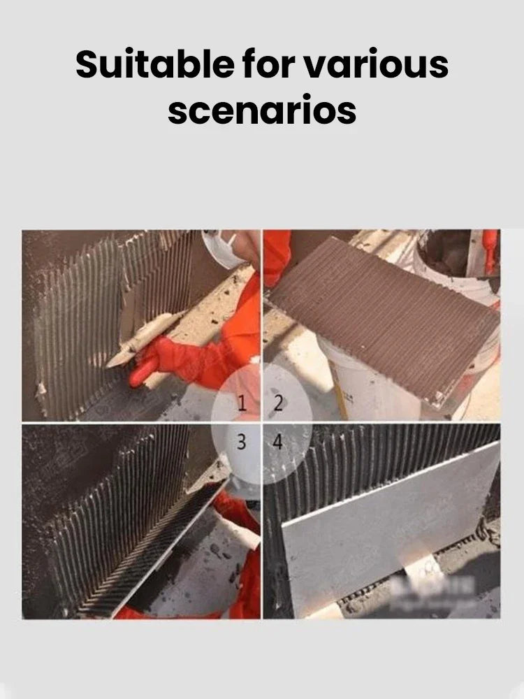 Close-up images showing an adjustable mortar trowel being used for adhesive application in various scenarios.