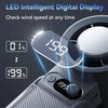 A portable handheld turbo fan shows a digital display reading 199 percent wind speed.