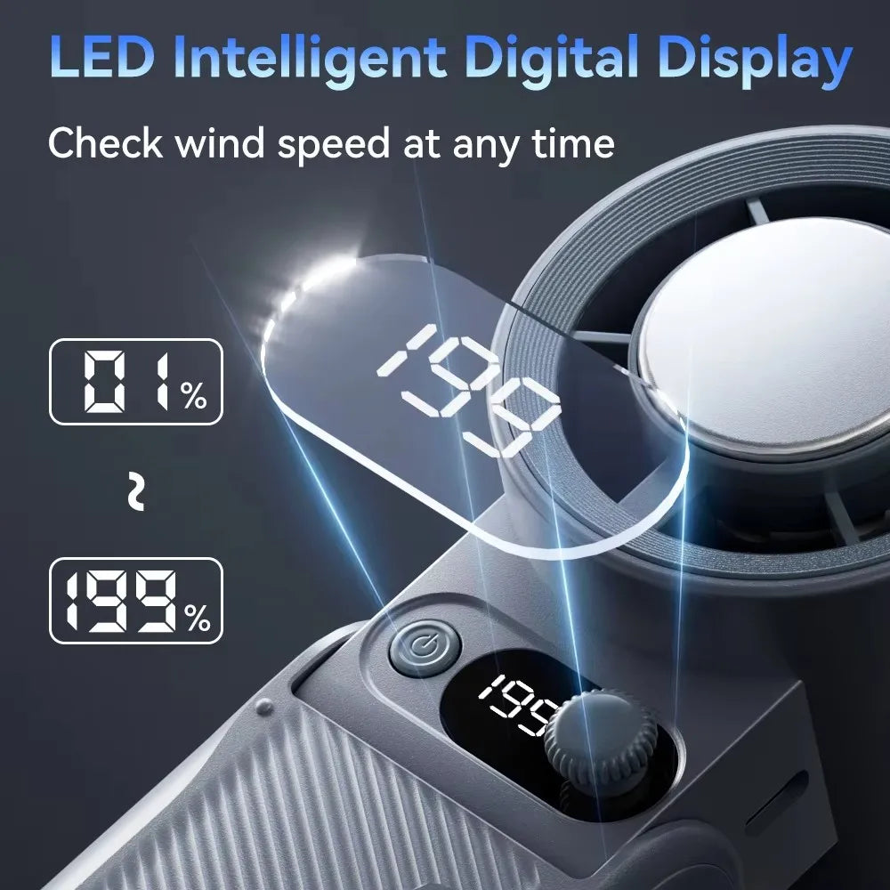 A portable handheld turbo fan shows a digital display reading 199 percent wind speed.