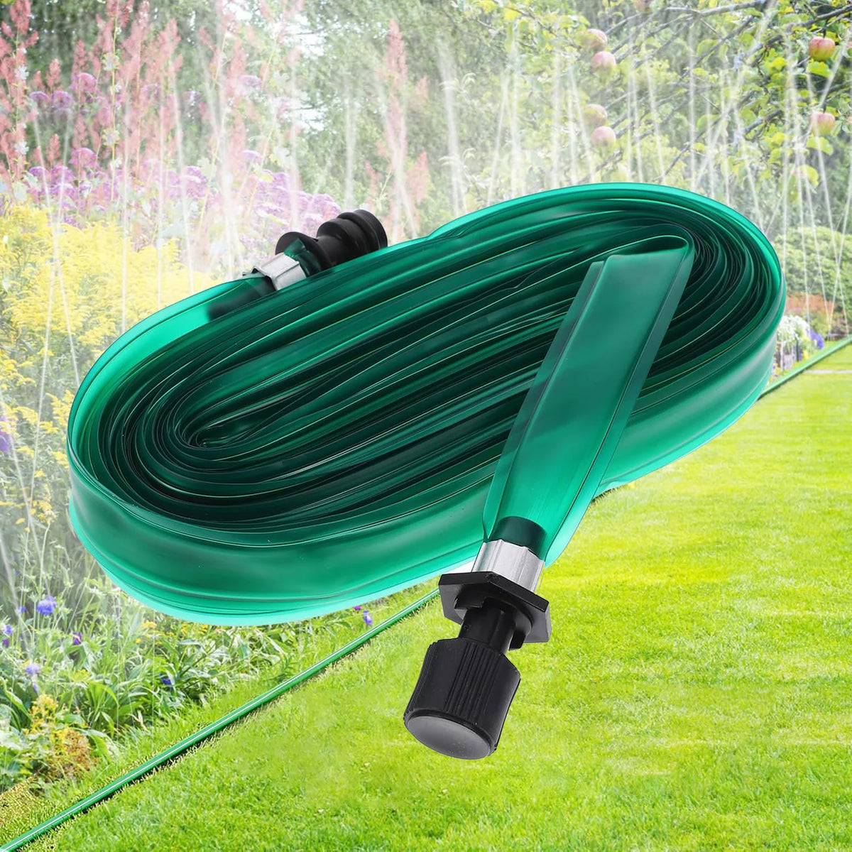 A coil of green multi-directional soaker hose lying on a grassy lawn.