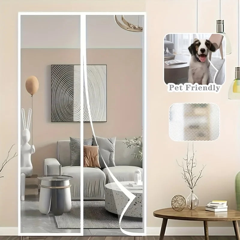 A white magnetic screen door is shown in a modern interior setting, emphasizing mosquito protection.