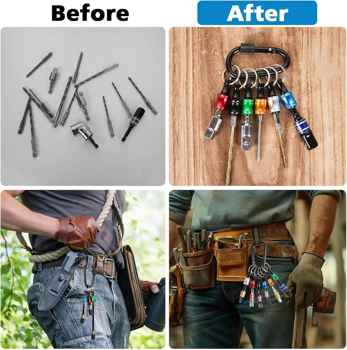 Before and after comparison of a 12pc socket bit holder keychain extension bar for tools