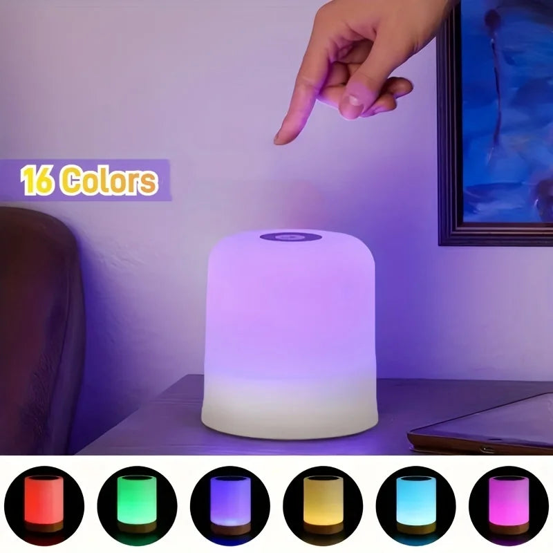 Farbiges LED-Touch-Nachttischlicht, das verschiedene Farben wie rot, grün, blau, gelb und lila anzeigt.