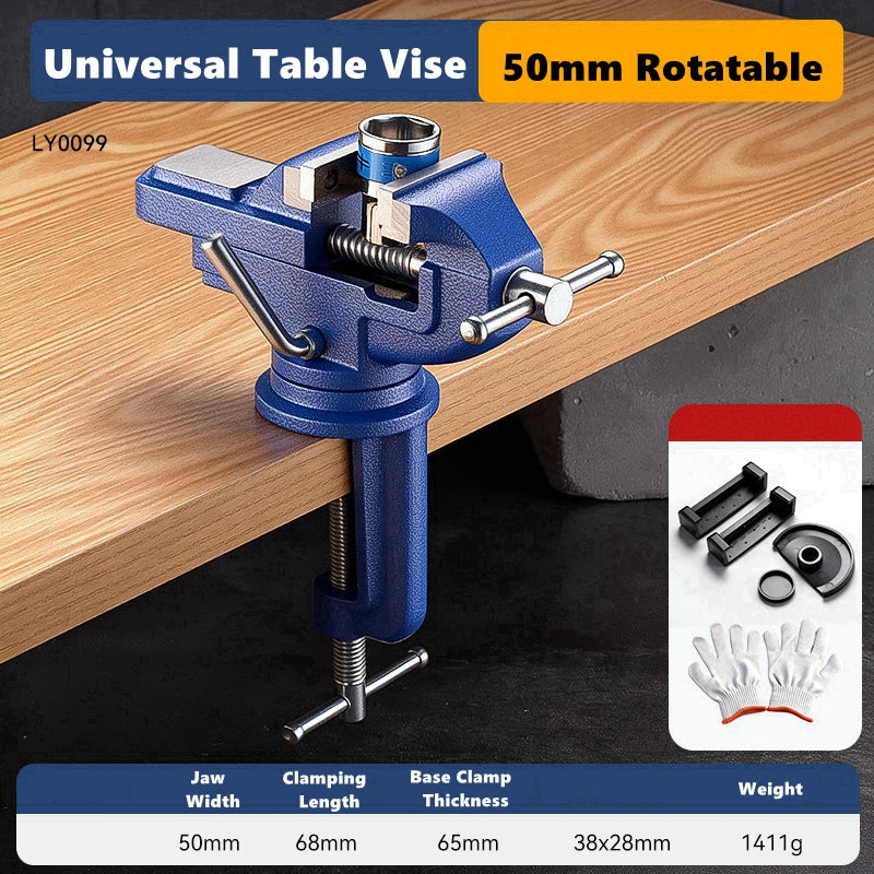A blue universal table vise with a 50mm rotatable jaw and clamping features shown on a wooden surface.