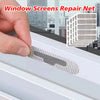A hand applies a window screen repair net patch to a white window frame.
