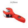 Red precision ratchet pipe cutter tool with an 8-29mm size range.
