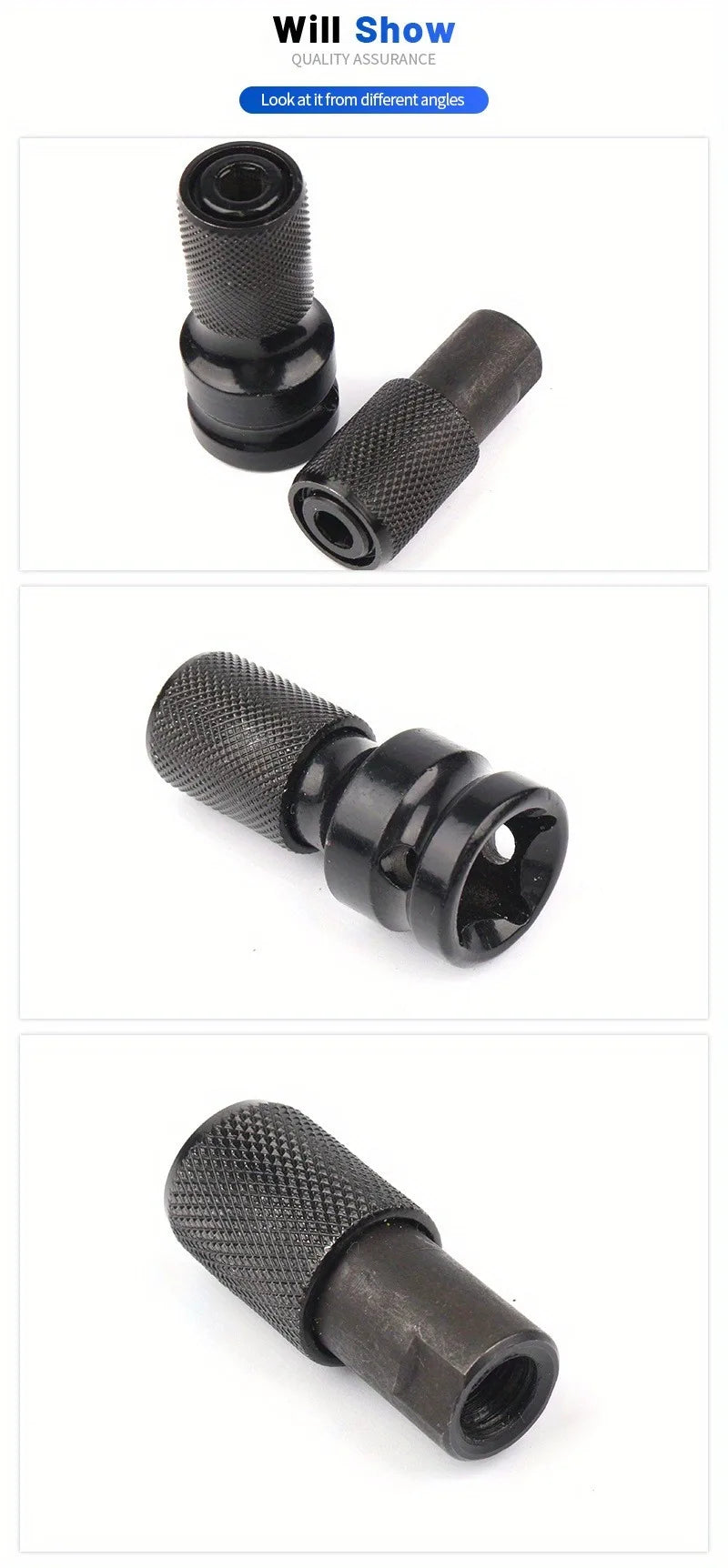 Black impact wrench adapter and socket extension bit holder with various sized bits.