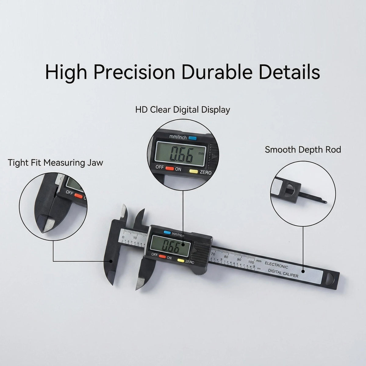 A digital caliper set showing a measuring jaw, a depth rod, and the main body with a 0.66mm reading.