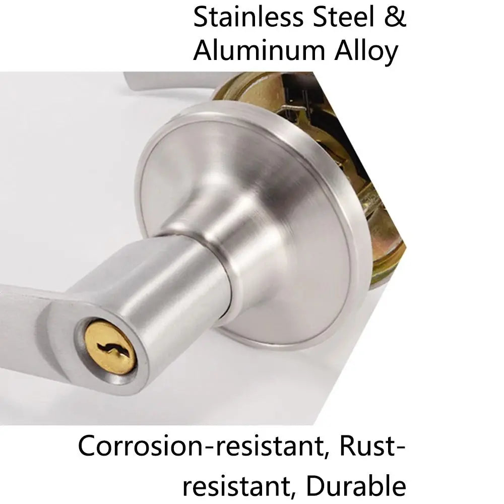 A close-up view of a stainless steel and aluminum alloy spherical entry lock set.