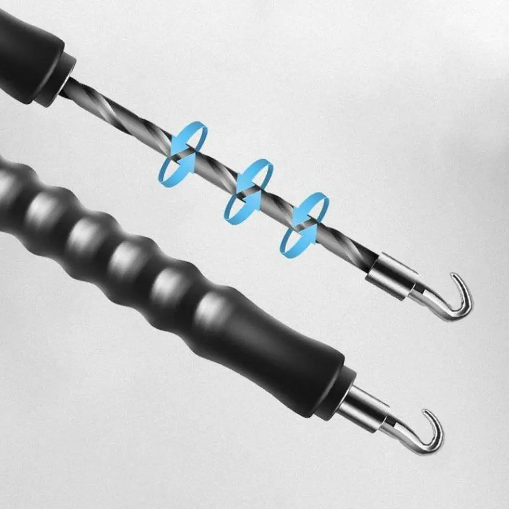 A close-up view of an automatic rebar tie wire twister tool with a black handle and blue wire wrapping around a metal rod.