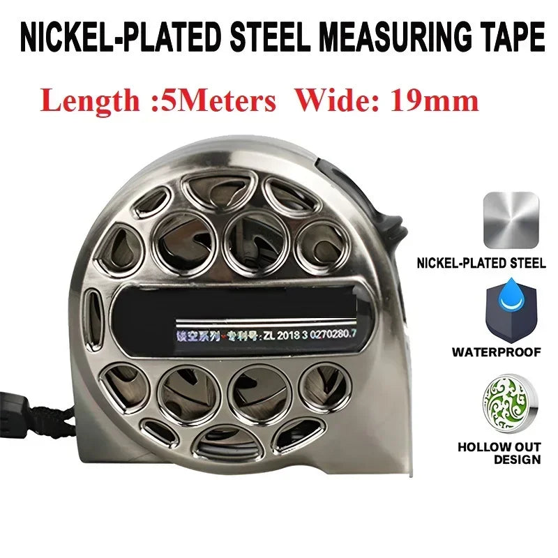 Nickel-plated steel measuring tape with 5 meters length and 19mm width