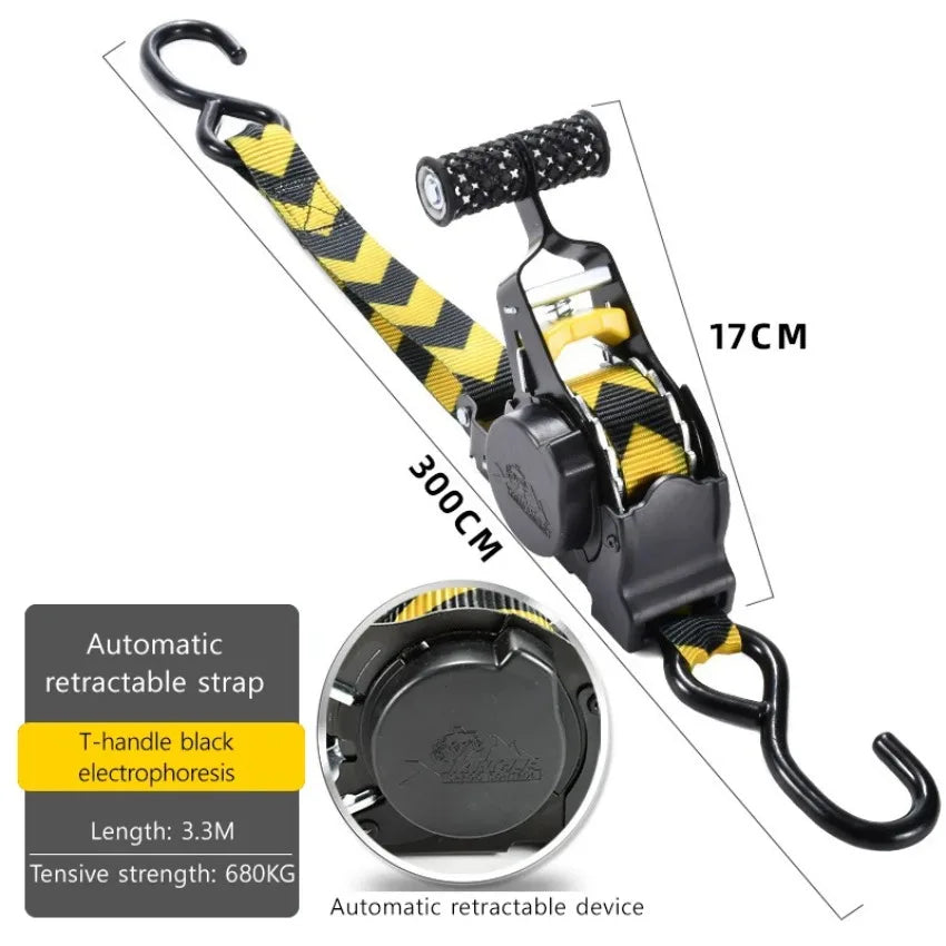 Black automatic retractable device with a yellow and black striped strap for electrophoresis.