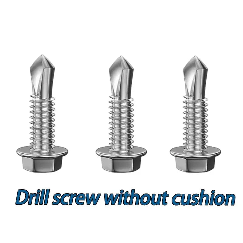 Three stainless steel self-drilling screws shown vertically.