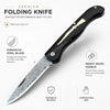 A premium folding knife featuring a Damascus steel blade and an ebony wood handle.