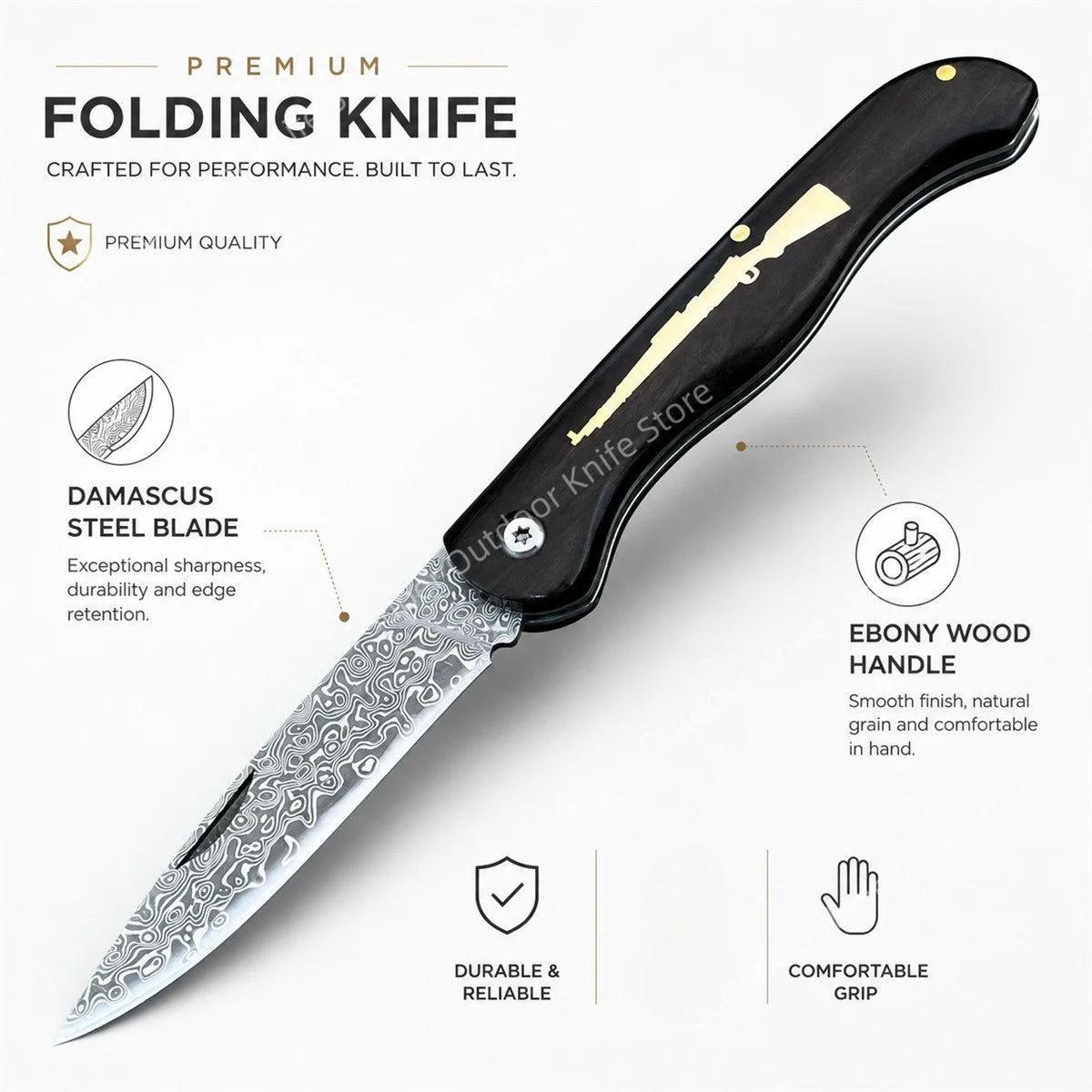 A premium folding knife featuring a Damascus steel blade and an ebony wood handle.