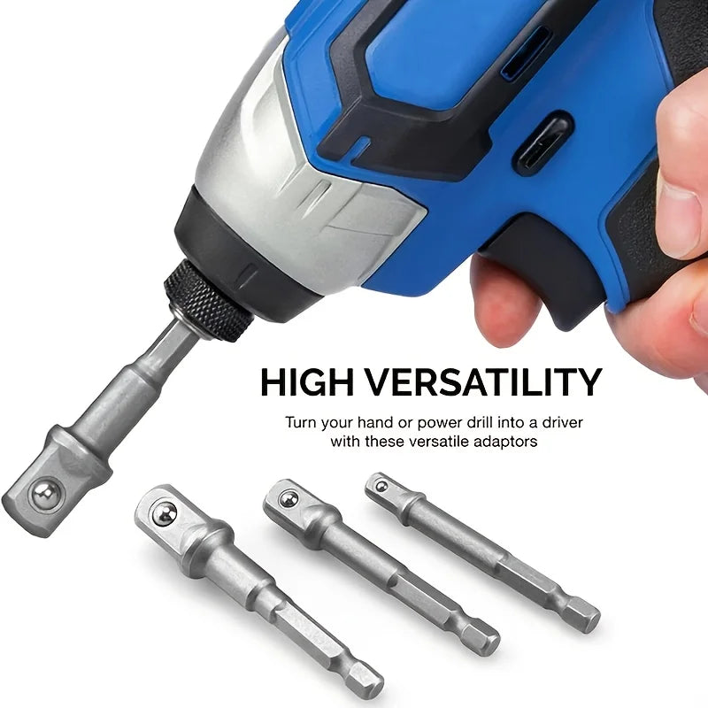 A blue and silver power tool is shown with several multi-sized drill socket adapters for impact drivers.