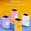 A variety of multicolor digital handheld microscopes for kids displayed on a blue surface.