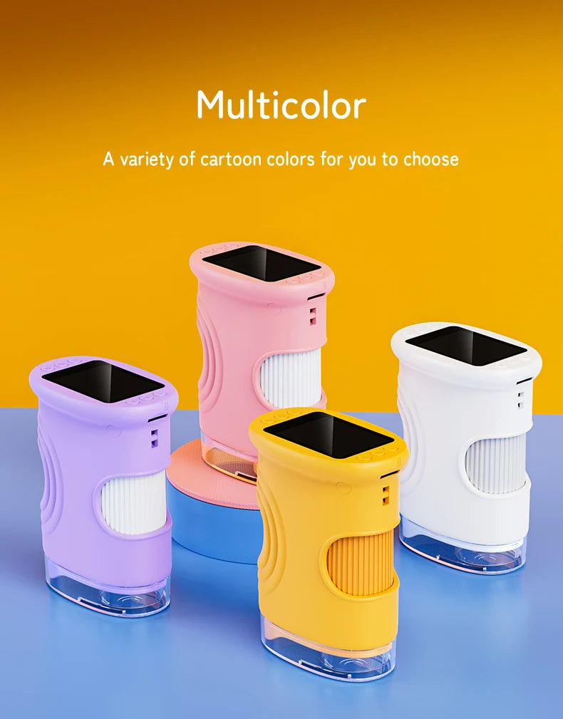 A variety of multicolor digital handheld microscopes for kids displayed on a blue surface.