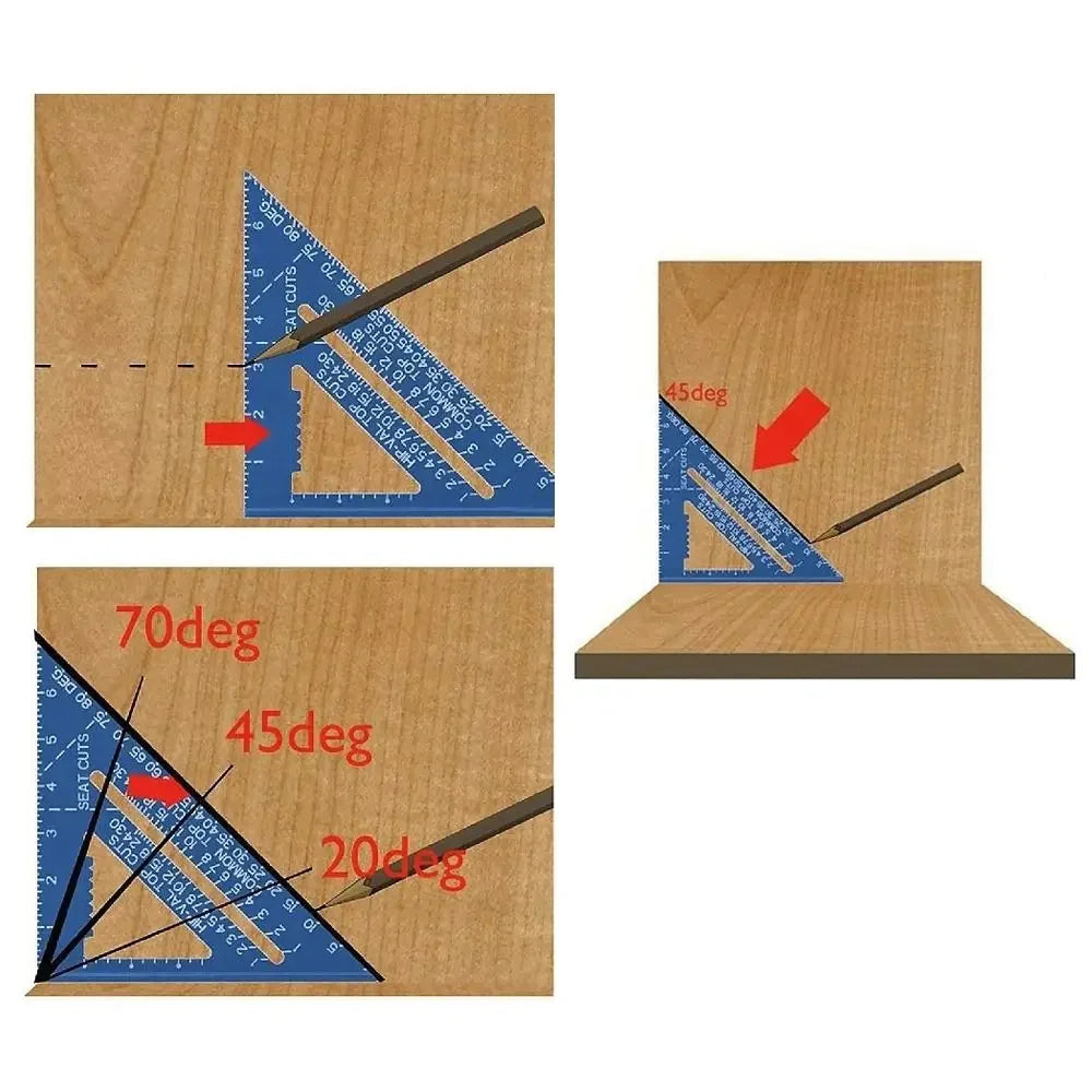 A set of precision triangle square rulers showing various angles like 70deg, 45deg, and 20deg used for woodworking.