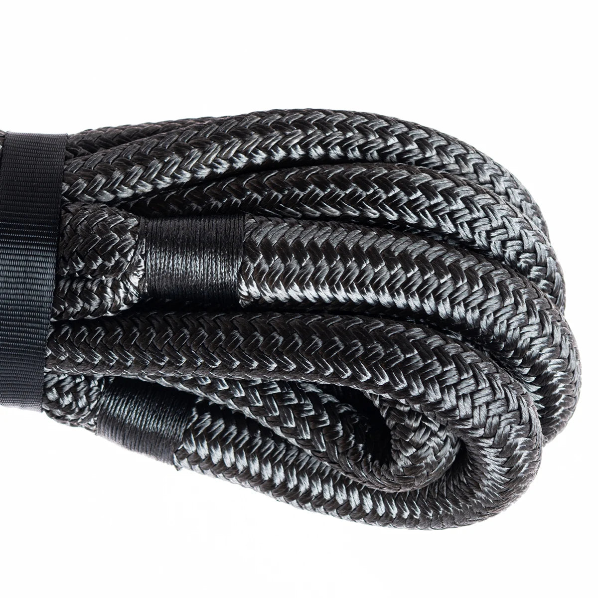 Black heavy-duty nylon recovery tow rope coiled and bundled
