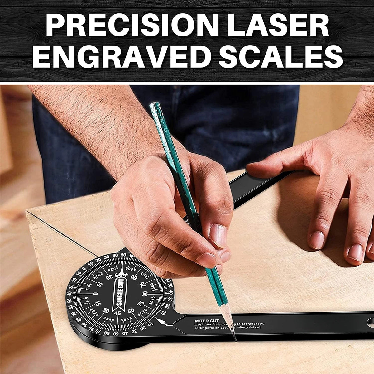Mains utilisant un rapporteur à angle de coupe à scie miter gravé au laser sur une surface en bois.