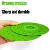 A hand holds a bright green precision diamond saw blade with small holes for grinding and cutting.