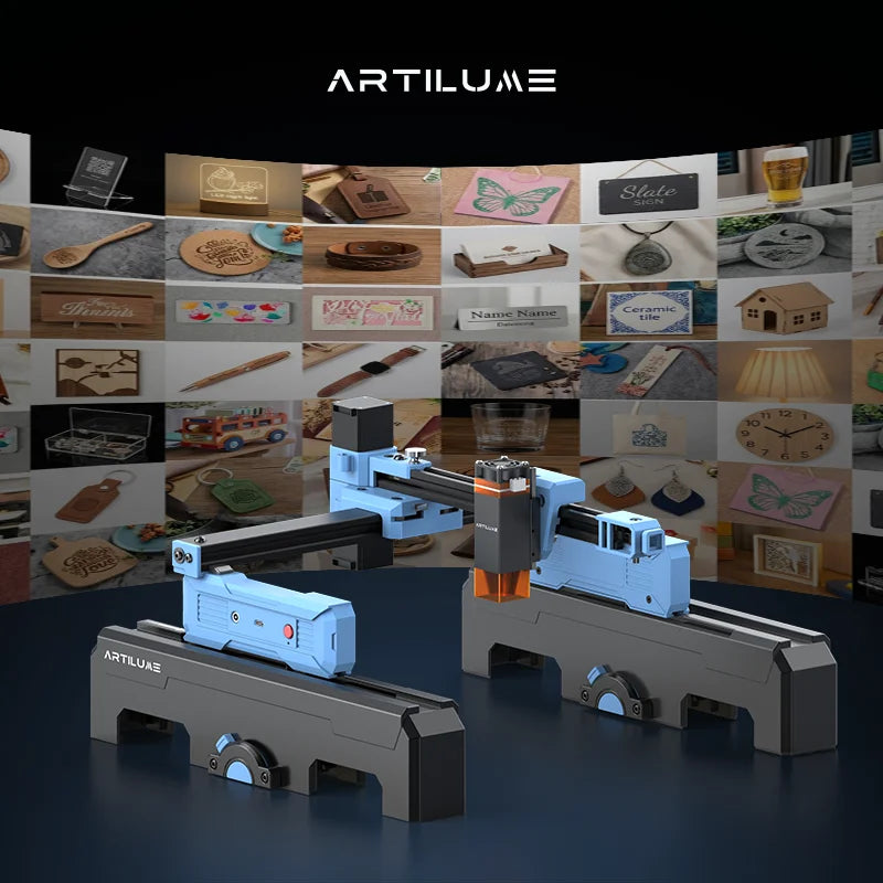 A blue Artilume mini portable laser engraver is shown next to a dark gray version, with various engraved items displayed in t