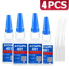 Four bottles of Instant Adhesive glue sticks with white caps and blue tips