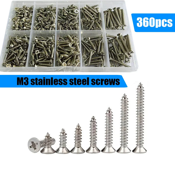 A plastic tray filled with 360 stainless steel M3 screws and a separate set of various size stainless steel screws.