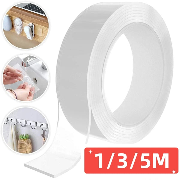 Roll of white nano double-sided reusable adhesive tape with a dispenser tray and 1/3/5M length.