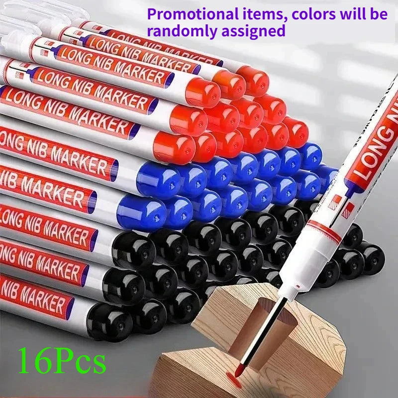A collection of long nib marker pens in various colors and sizes arranged in stacks on a wooden surface.