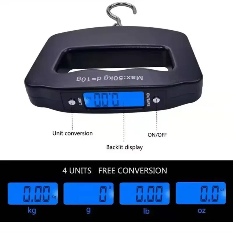 Black digital portable luggage scale showing unit conversions for kg, g, lb, and oz.