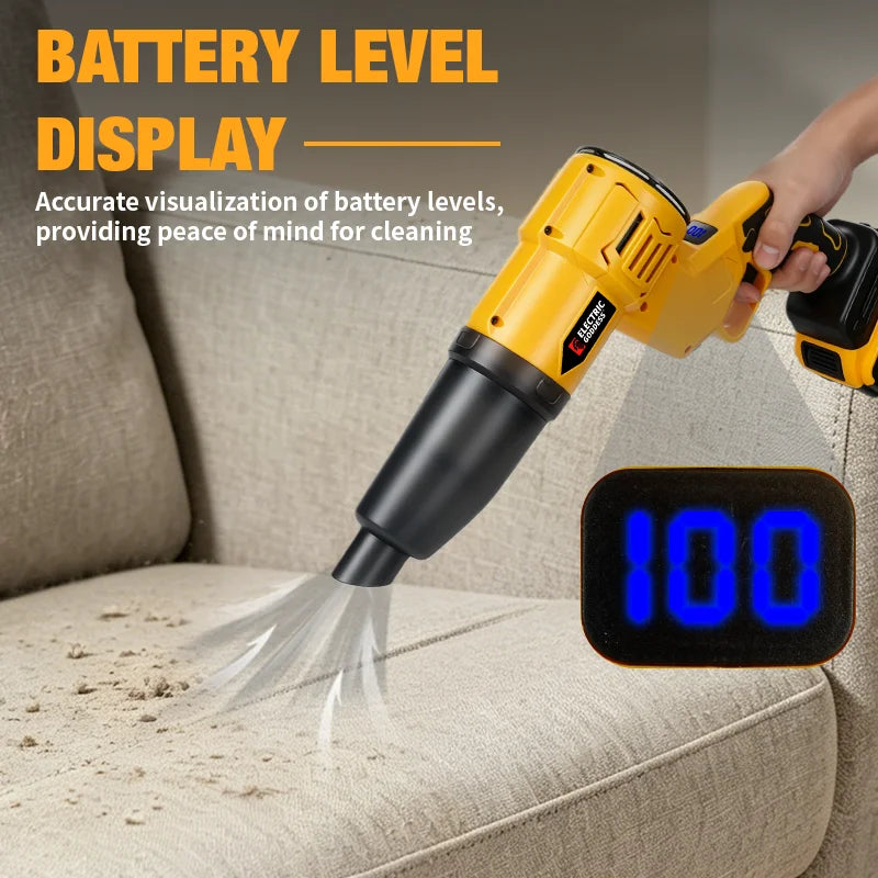 A yellow cordless electric blower with a digital battery level display showing 100% on a beige sofa.
