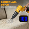 A yellow cordless electric blower with a digital battery level display showing 100% on a beige sofa.